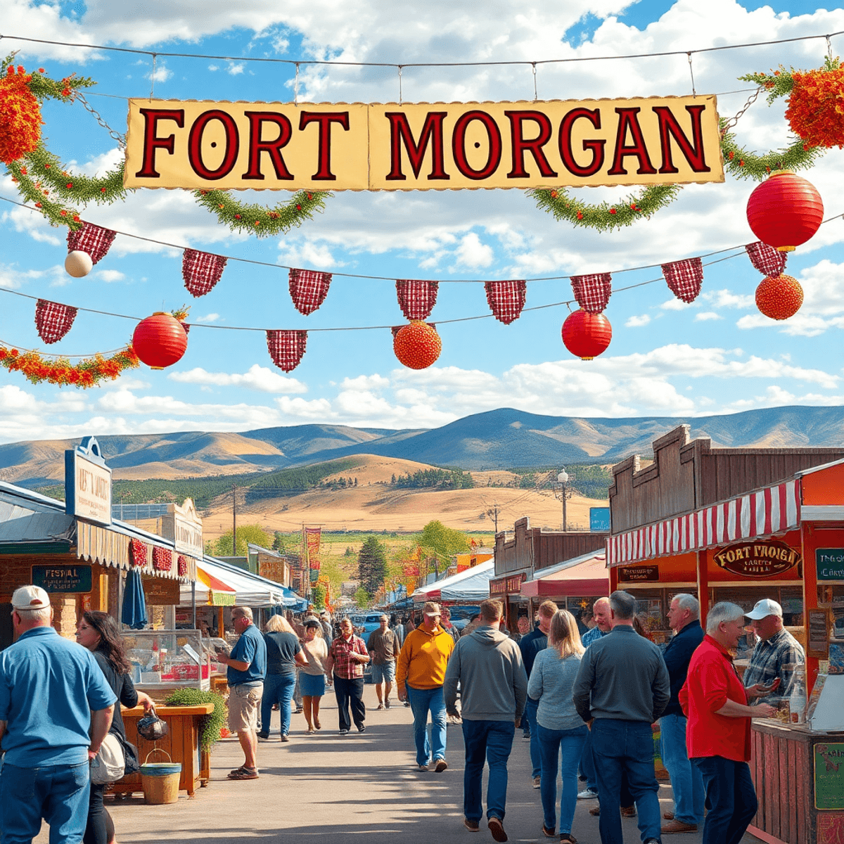 A small-town festival in Fort Morgan, Colorado, with colorful decorations, food stalls, and people socializing against a backdrop of rolling hills ...