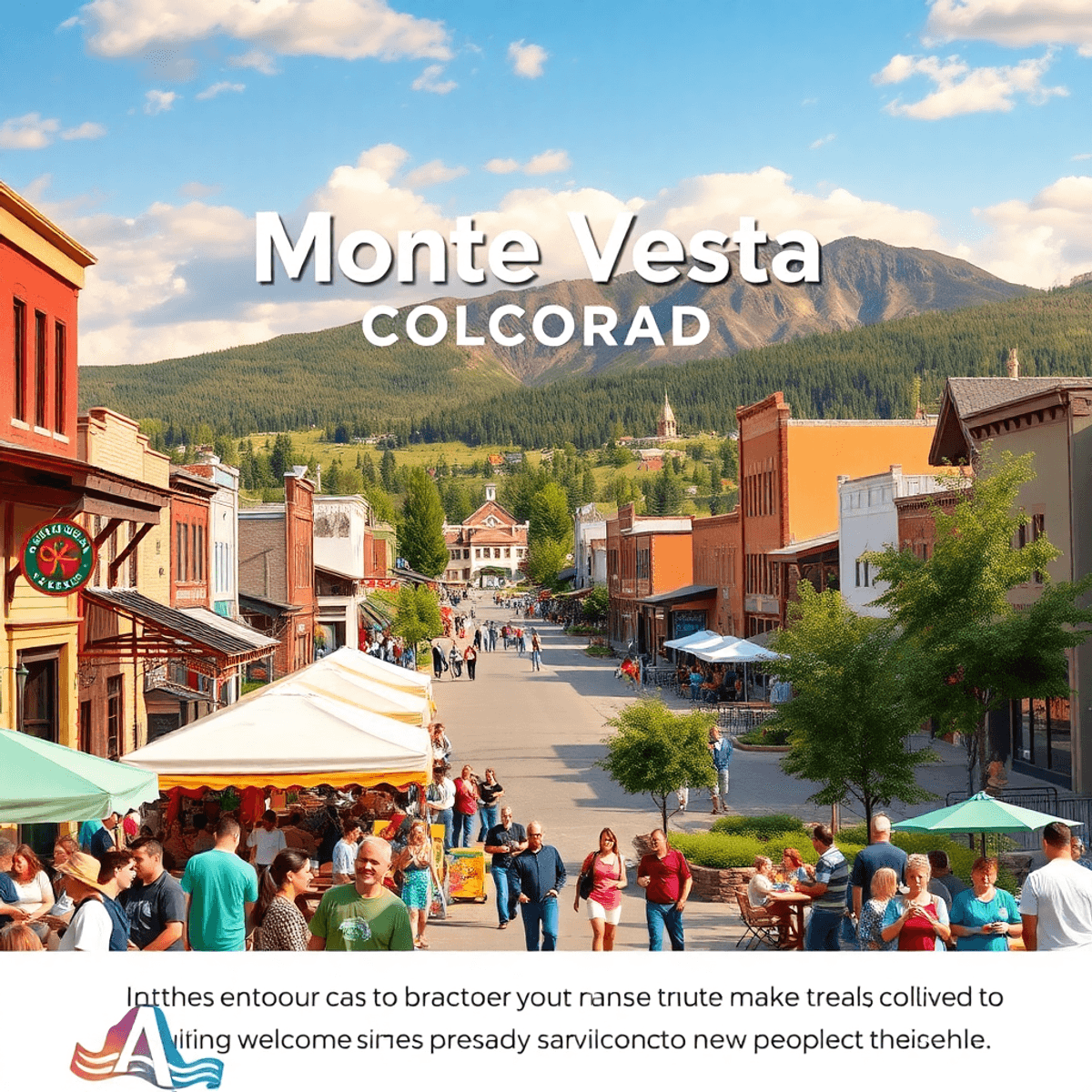 A vibrant community event in Monte Vista, Colorado, featuring colorful decorations, people interacting, and scenic landscapes with hiking trails an...