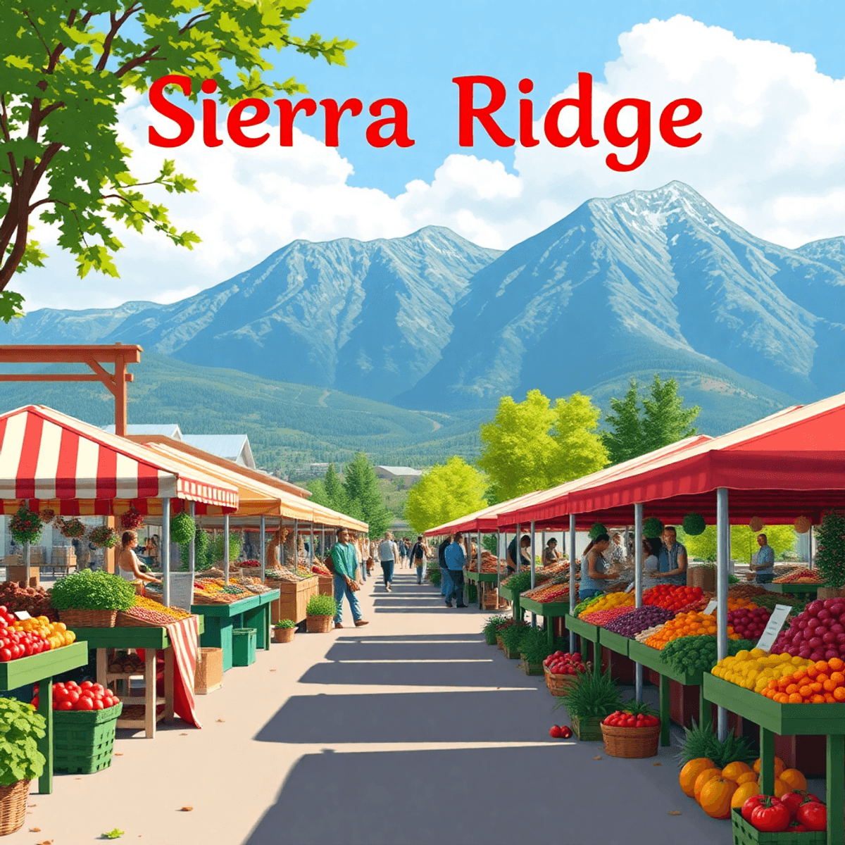 A bustling farmers market in Sierra Ridge, Colorado, featuring colorful stalls of fresh produce against a scenic mountain backdrop, capturing commu...