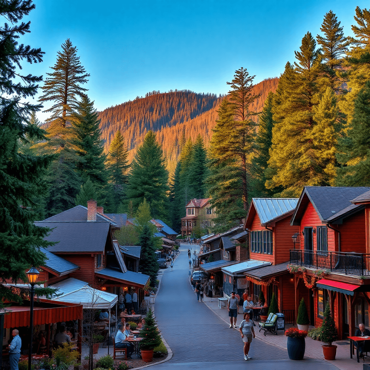 A picturesque small town nestled among tall Ponderosa Pines, featuring outdoor gatherings and vibrant local culture that showcase a warm, close-kni...