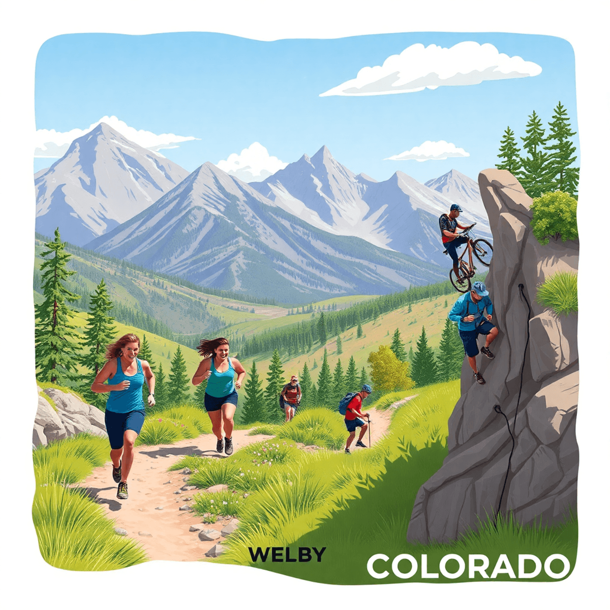 A lively outdoor scene with individuals trail running, mountain biking, and rock climbing amid Colorado's majestic mountains, trees, and clear skies.