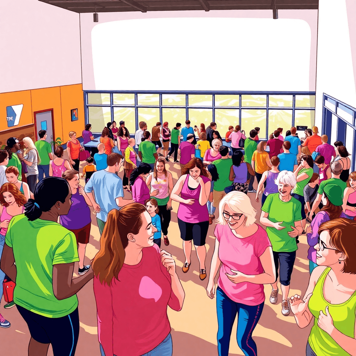 A colorful community gathering at the YMCA in Northern Colorado, featuring people engaged in fitness activities and socializing, capturing a lively...