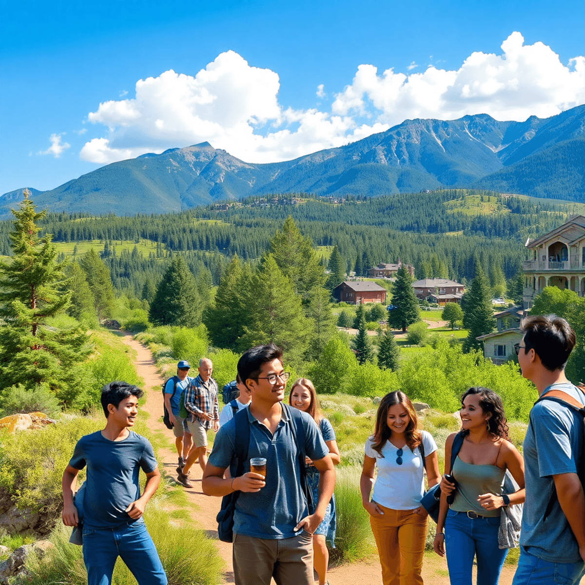 A lively outdoor scene in Greenwood Village, Colorado, showcasing scenic hiking trails, lush greenery, and mountains, with a group of people enjoyi...