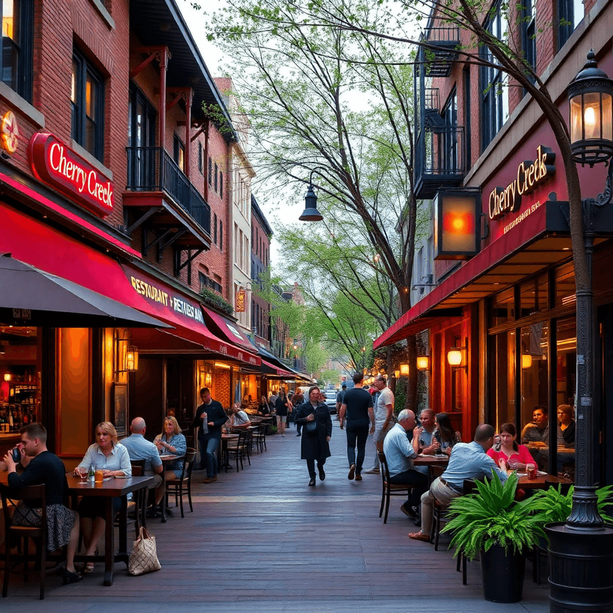 A lively street scene in Cherry Creek, Denver, featuring upscale restaurants and bars with outdoor dining, people enjoying drinks, and stylish stor...