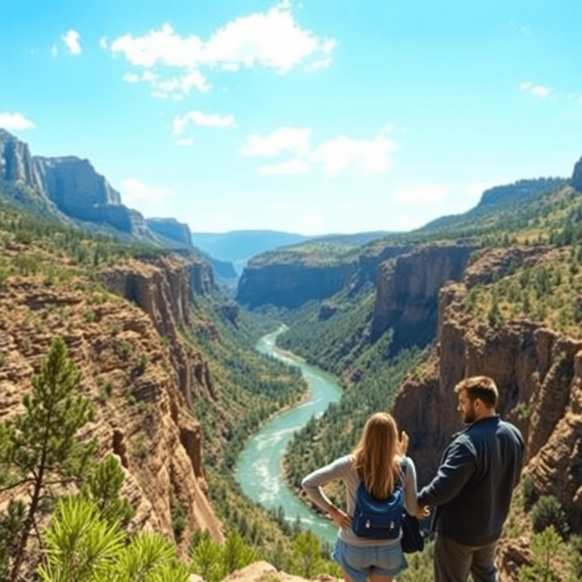 A couple enjoys an outdoor adventure at the Royal Gorge, surrounded by dramatic cliffs, a winding river, lush greenery, and blue skies.