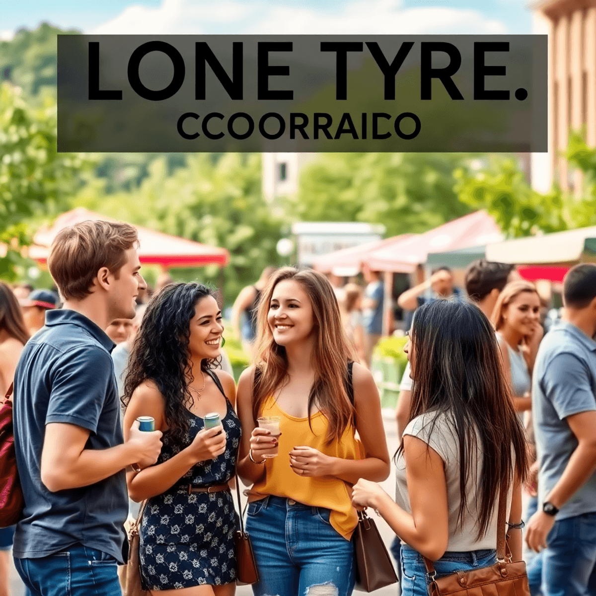 A lively outdoor scene in Lone Tree, Colorado, with young professionals socializing at a park or farmers' market, surrounded by greenery and urban ...