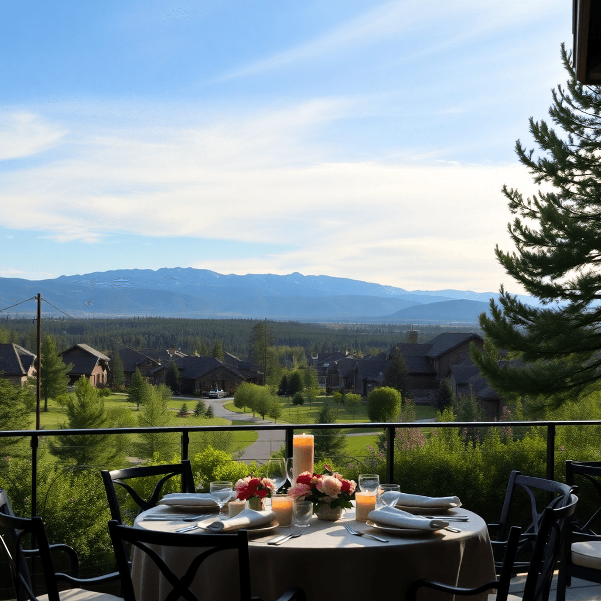 A picturesque view of Castle Pines, Colorado, showcasing a lush suburban landscape with mountains, a romantic dining table adorned with candles and...