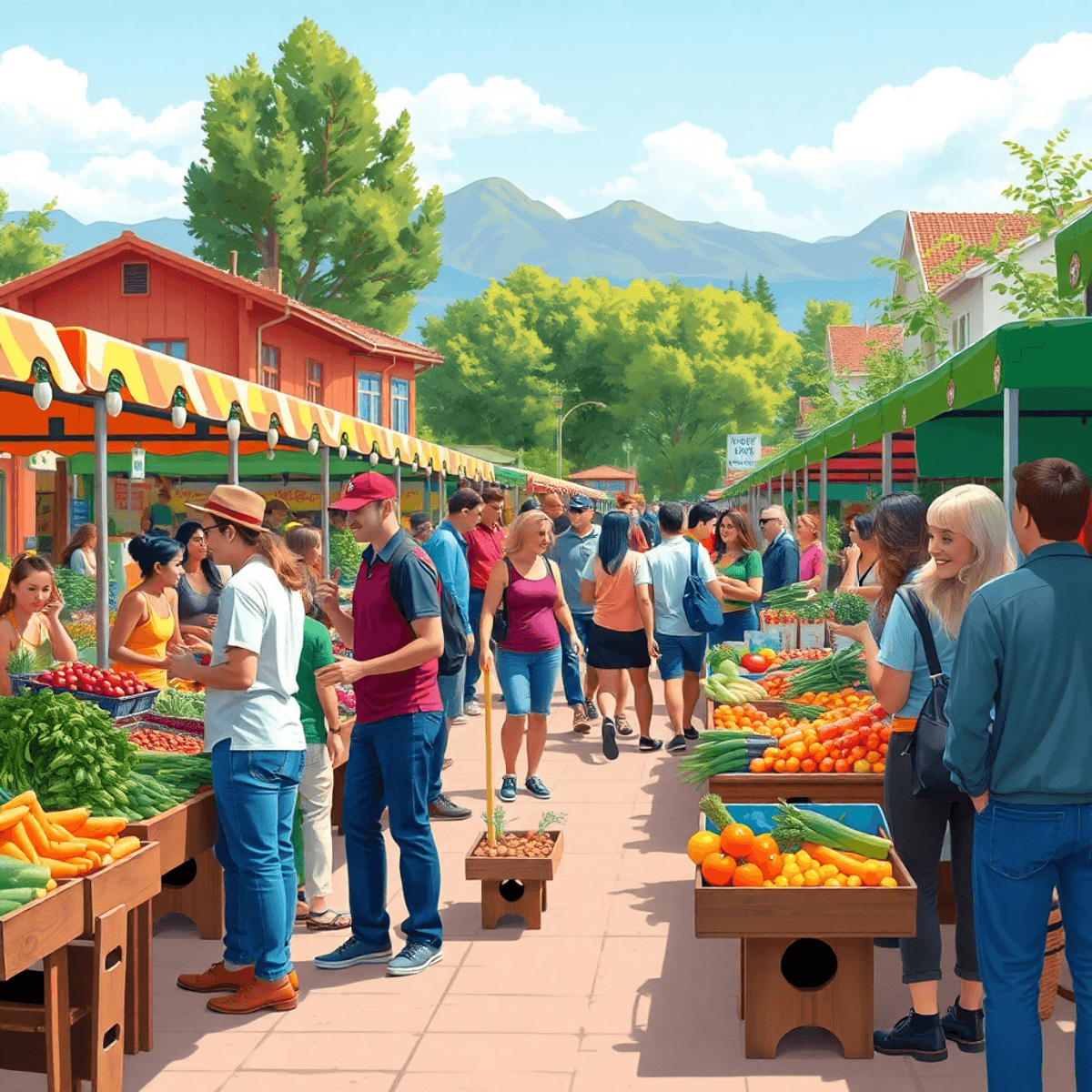A lively farmers market in Federal Heights, Colorado, with colorful stalls of fresh produce and singles mingling, creating a vibrant and welcoming ...