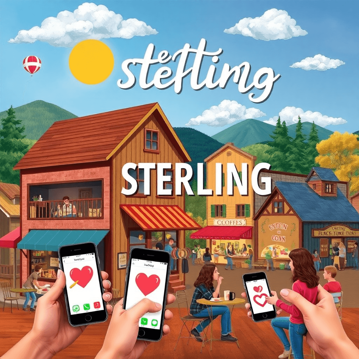 A colorful collage showcasing Sterling, Colorado's dating scene with a cozy coffee shop, community events, and smartphones displaying dating apps, ...