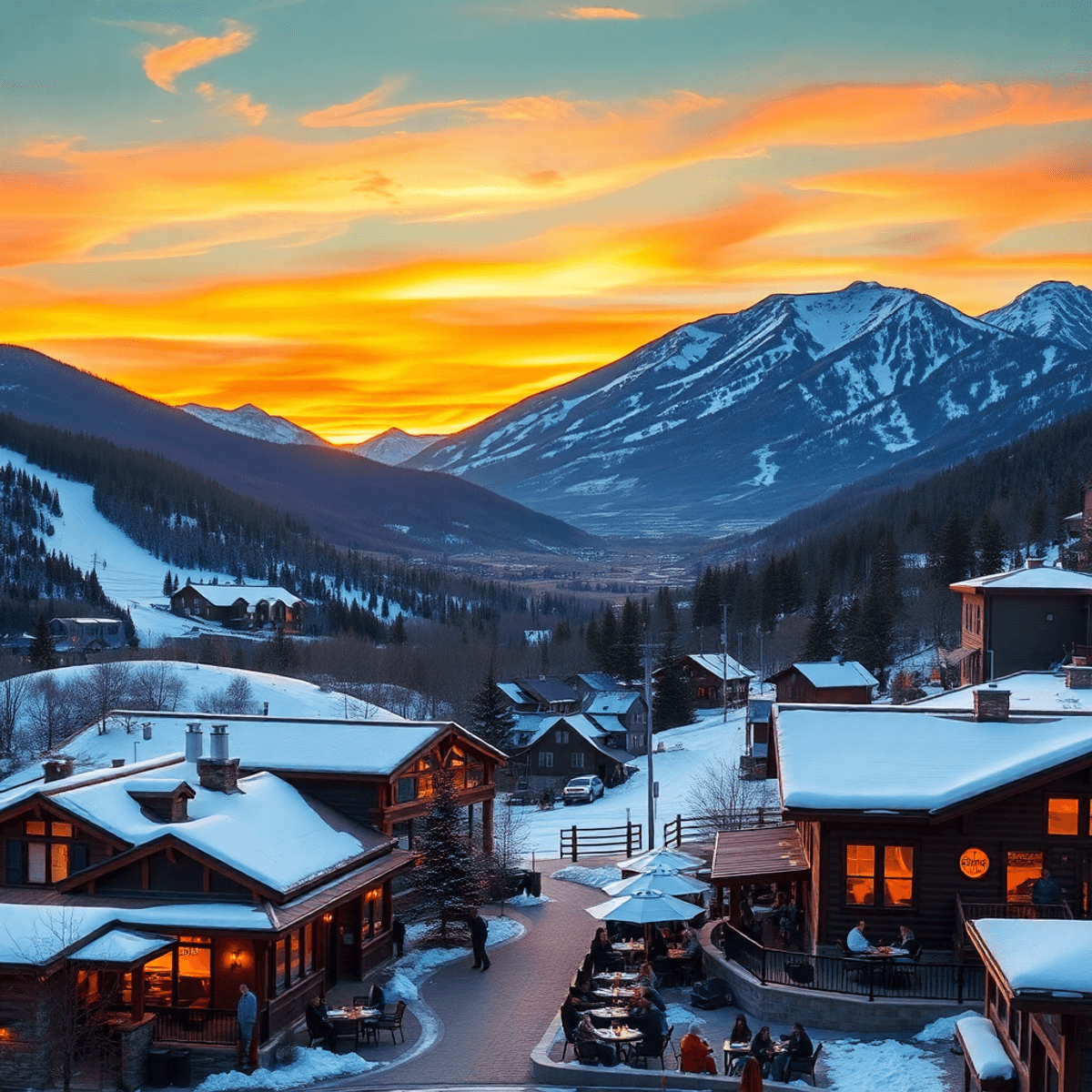 A picturesque view of Steamboat Springs, Colorado, featuring majestic mountains, ski slopes, cozy restaurants, and a vibrant sunset, embodying adve...