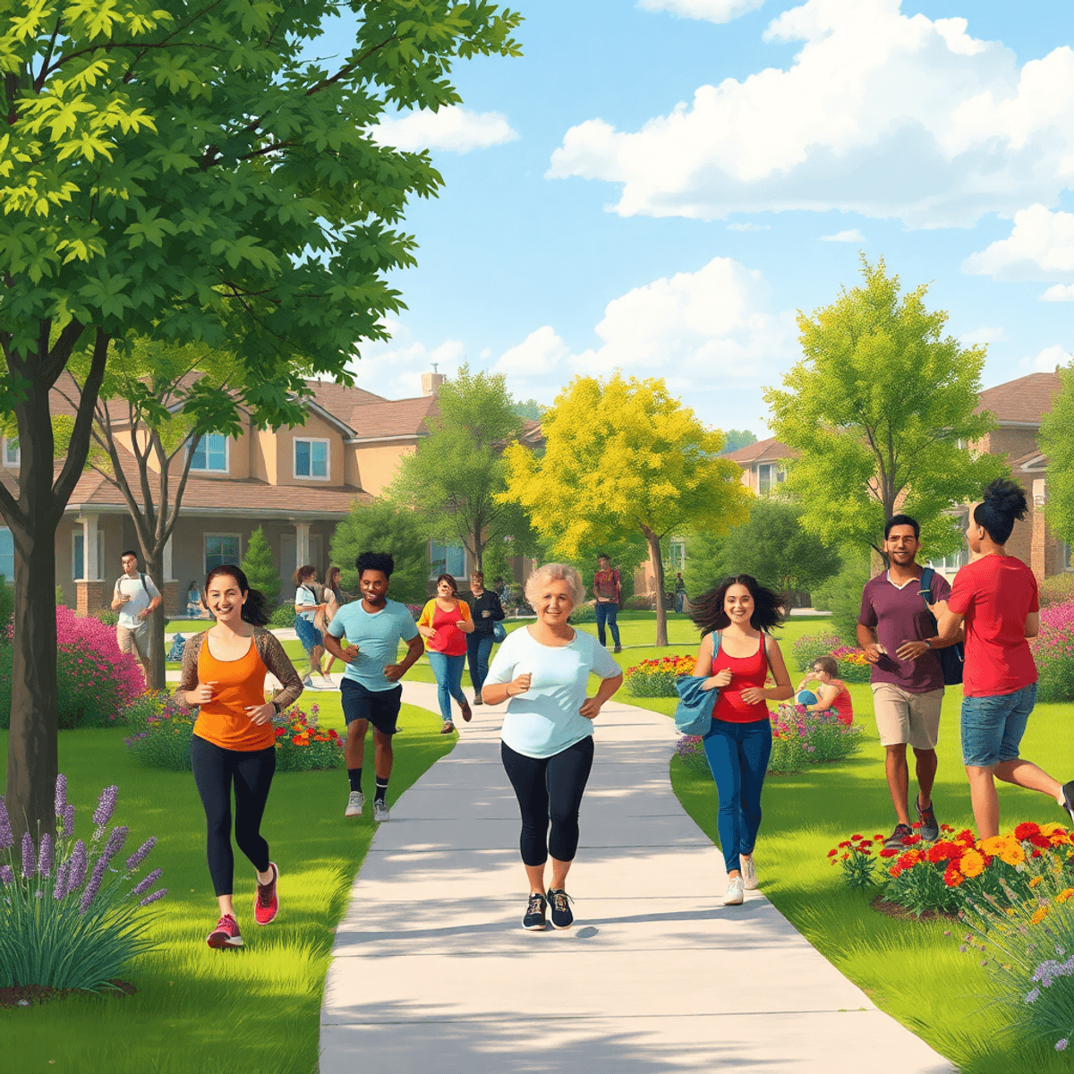 A lively suburban park in Shaw Heights, Colorado, filled with people enjoying jogging, picnicking, and socializing amid lush greenery and colorful ...