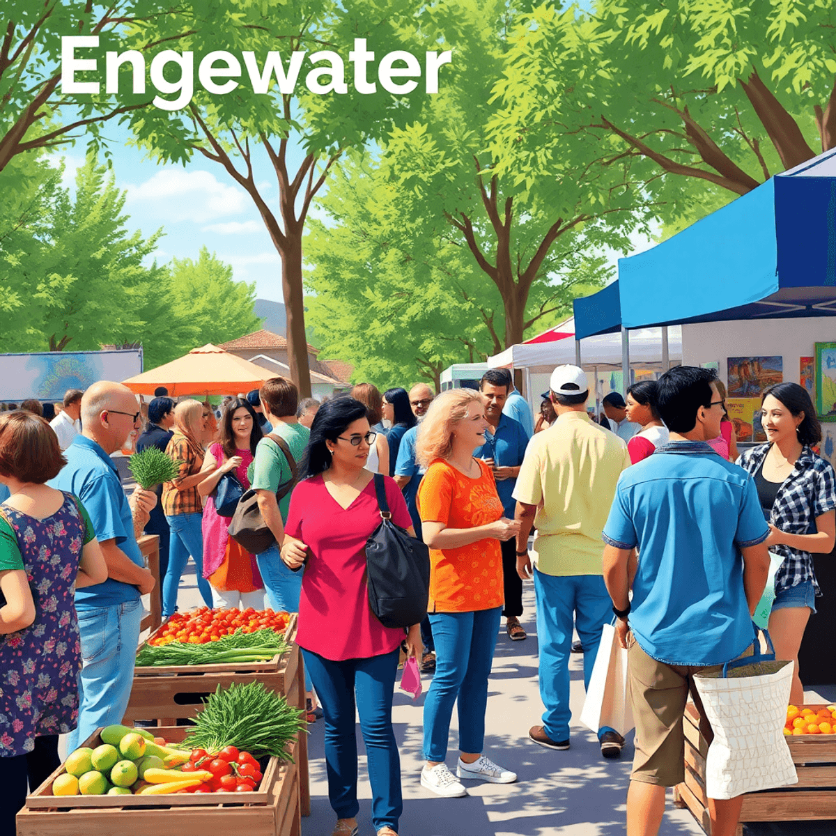 A lively outdoor community event in Edgewater, Colorado, featuring a farmers market, fresh produce, live music, and art displays as people engage a...