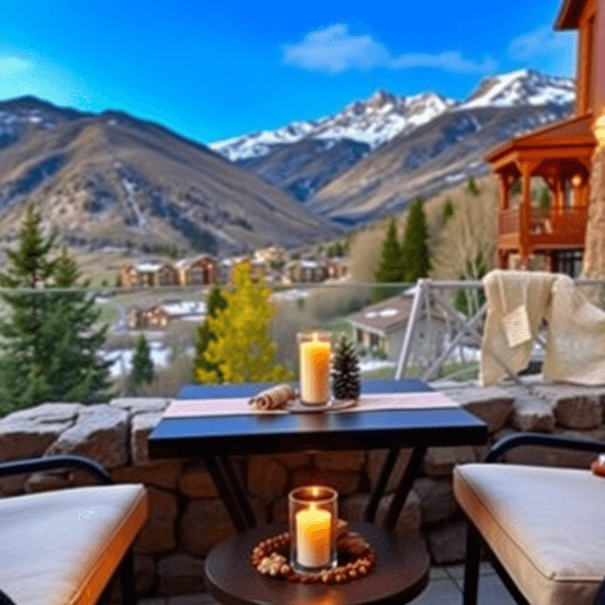 A cozy outdoor table for two with a romantic candle, set against the stunning backdrop of the Rocky Mountains in Vail, Colorado.