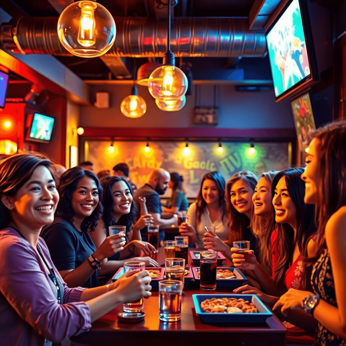 A lively social gathering at a local venue in Glendale, Colorado, featuring singles enjoying games, food, and drinks, all set in a warm and invitin...
