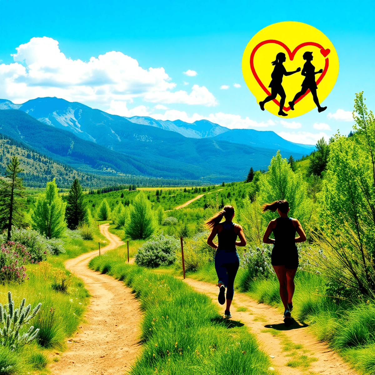 A scenic trail in Dove Valley, Colorado, surrounded by lush greenery and mountains, with silhouettes of people hiking and intertwined hearts symbol...