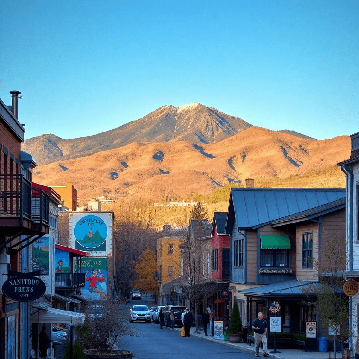 A scenic view of Manitou Springs, Colorado, with Pikes Peak in the background, vibrant murals, hiking trails, and cozy brewpubs, reflecting communi...