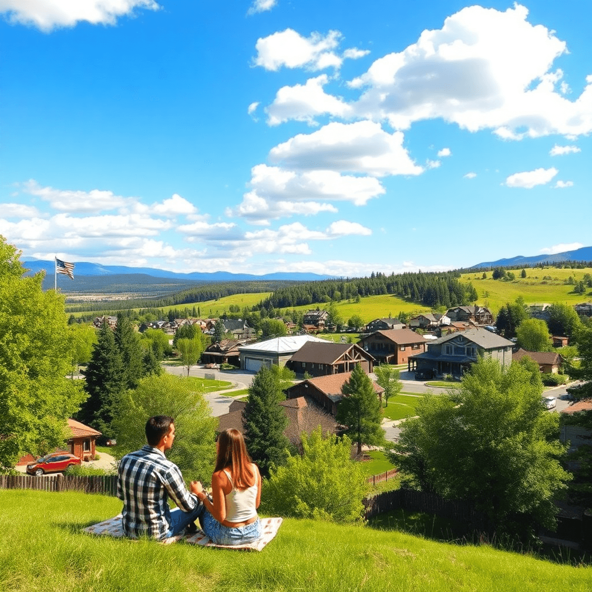 A couple enjoys a picnic by Todd Creek, surrounded by lush greenery and sunny skies, with local breweries and restaurants visible in the background.