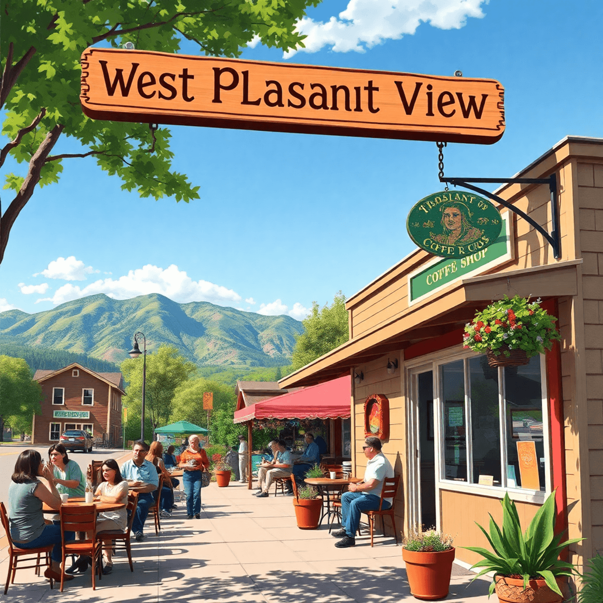 A cozy coffee shop in West Pleasant View, Colorado, with people chatting outside on a sunny day, surrounded by lush greenery and mountains, showcas...