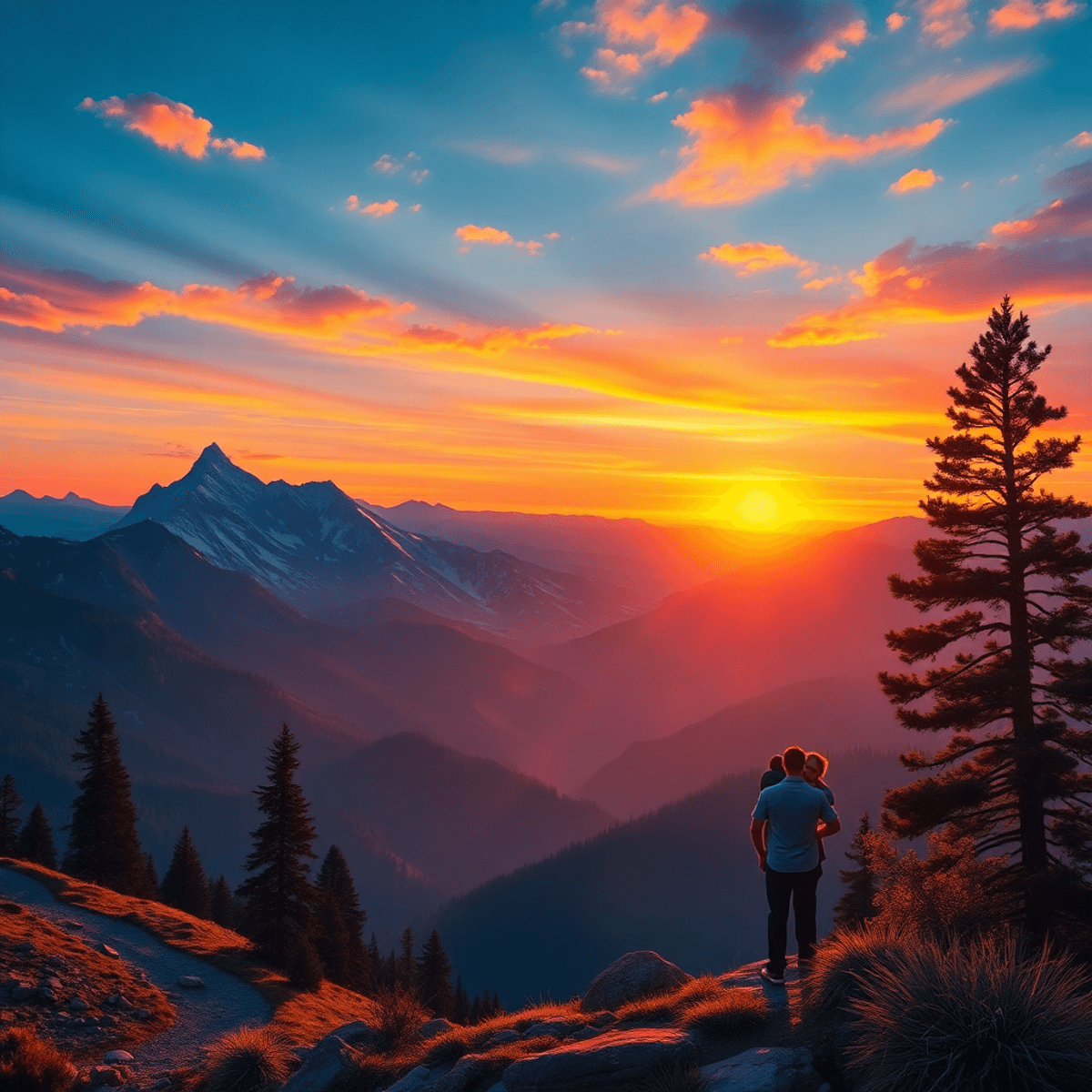 A stunning sunset over the Rocky Mountains, with hiking trails and lush greenery, featuring intertwined hearts and silhouettes of two people enjoyi...