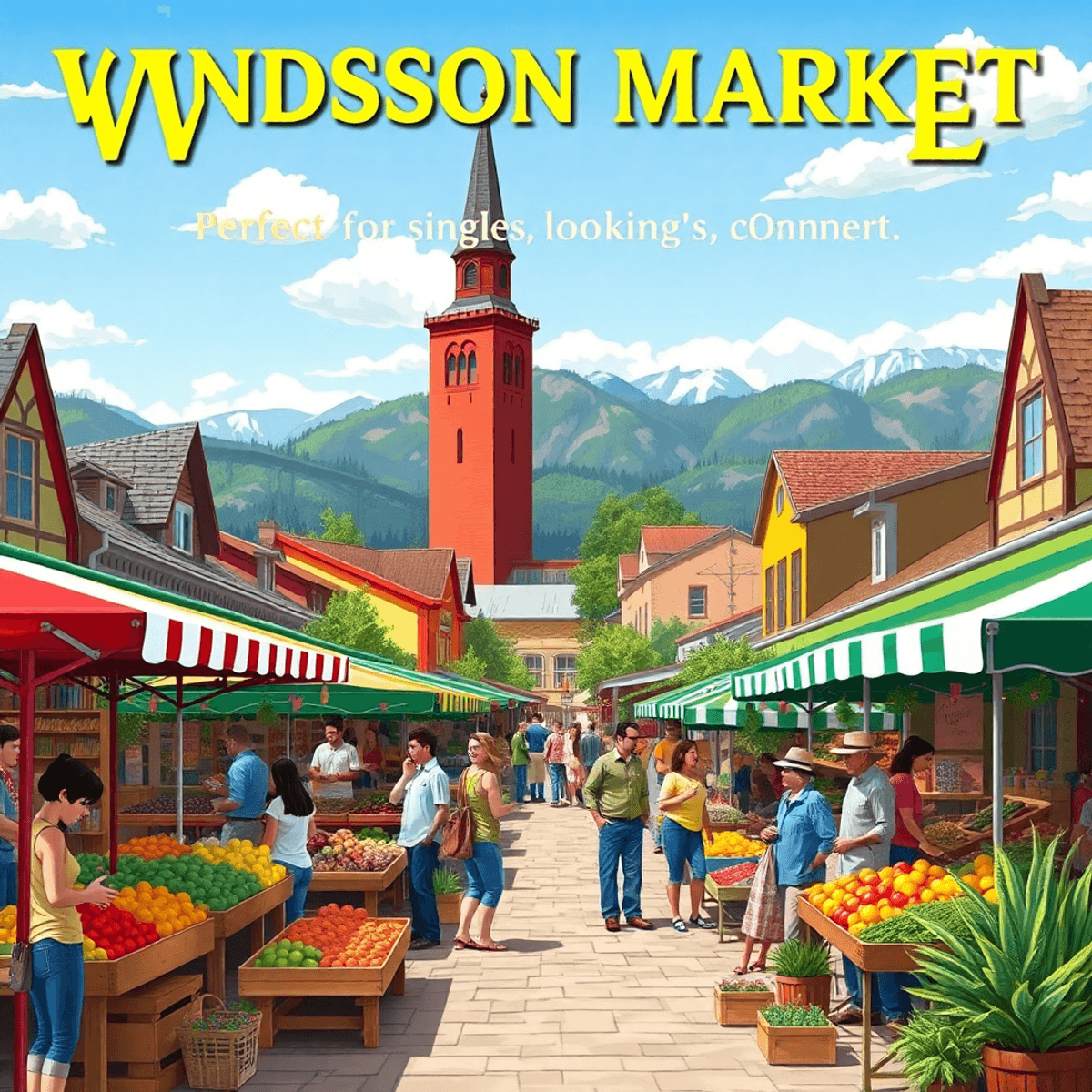 A vibrant farmers' market in Windsor, Colorado, with colorful stalls of fresh produce, people engaging in conversation, and charming small-town arc...