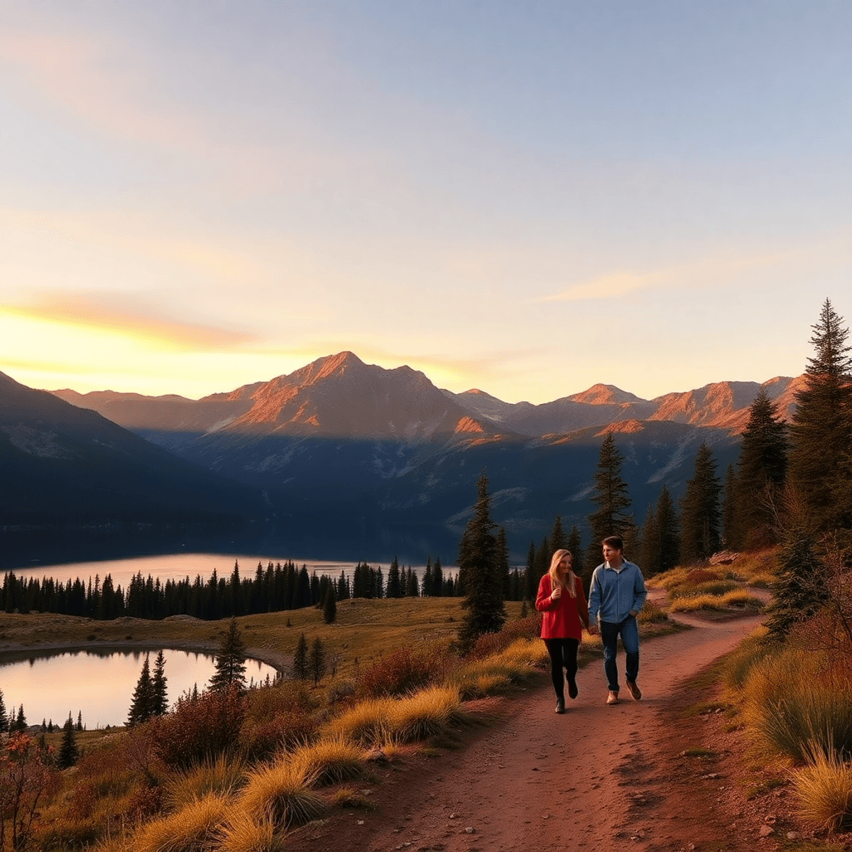A serene sunset over the Rocky Mountains, with a tranquil alpine lake and a couple walking hand-in-hand on a nature trail, surrounded by warm golde...