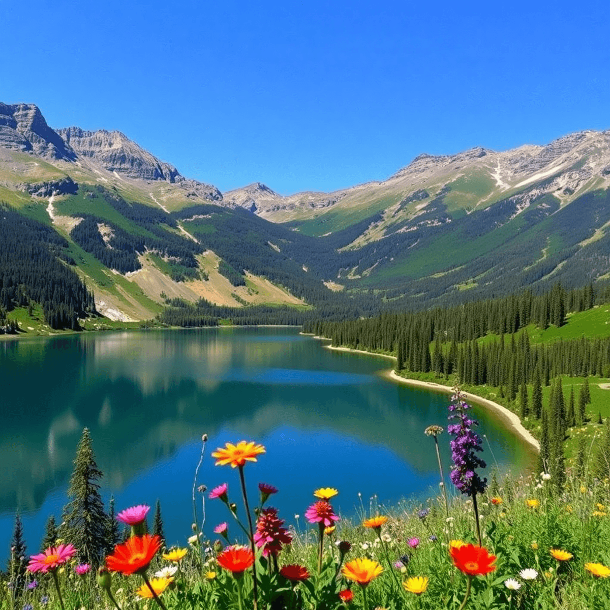 A serene lake surrounded by the Rocky Mountains, lush greenery, and vibrant wildflowers, evoking adventure and romance in a picturesque natural set...