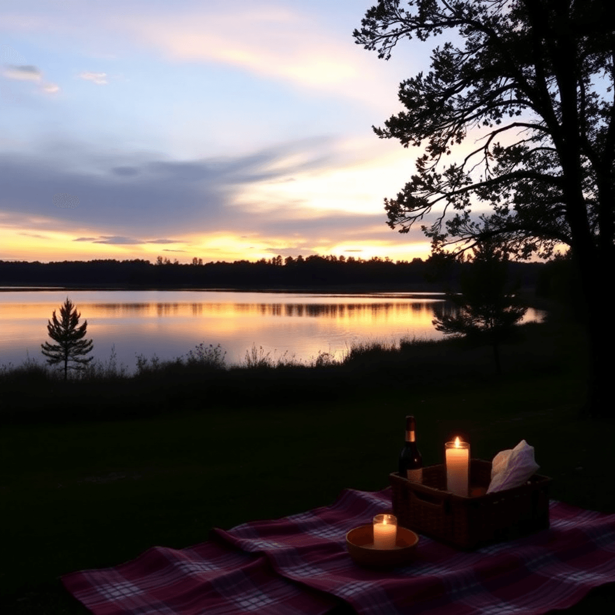 A serene sunset over Lake Pueblo State Park, with calm waters, silhouetted trees, and a cozy picnic setup in the foreground, creating a romantic at...