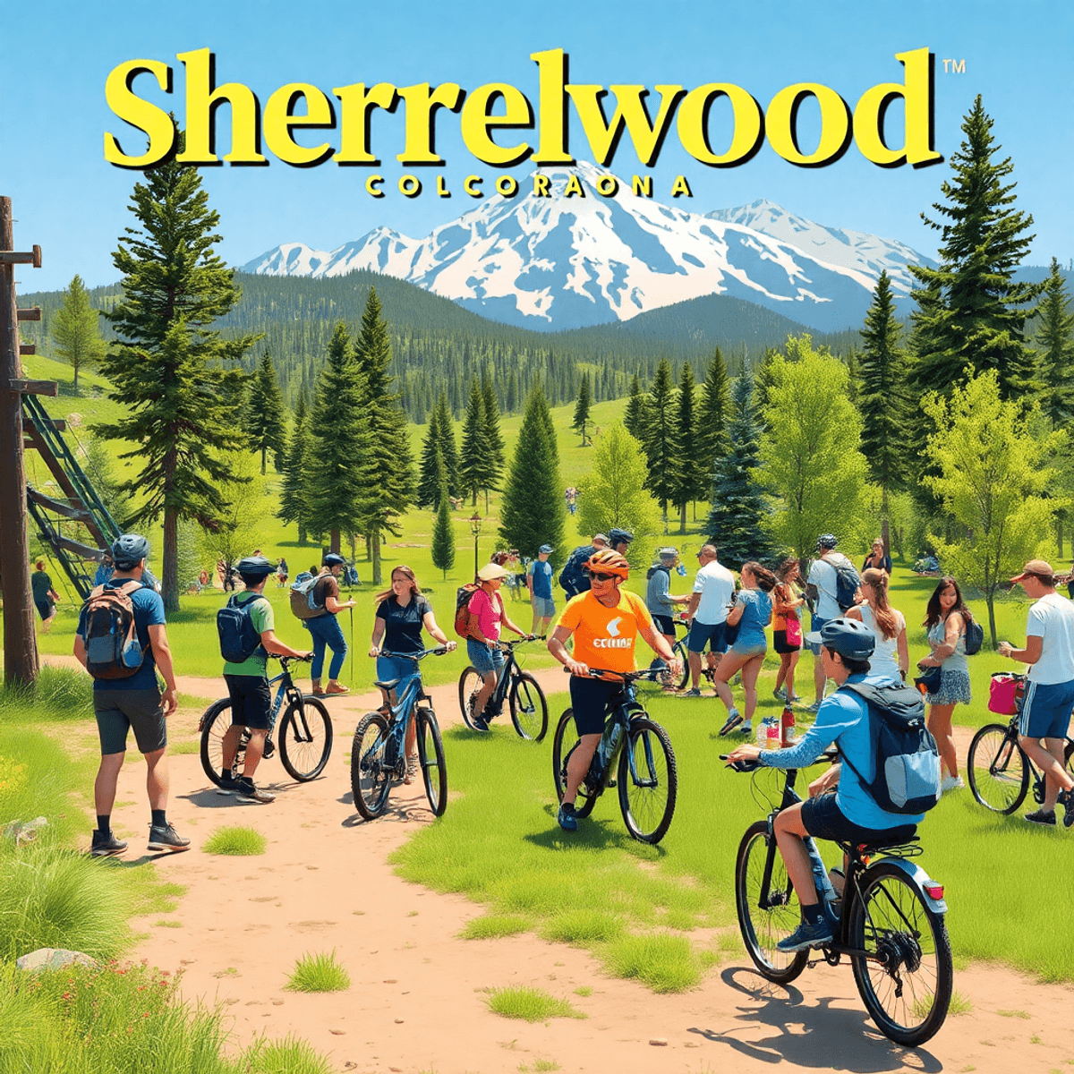 A lively outdoor scene in a park with people hiking, biking, and enjoying craft beer, set against the stunning backdrop of the Colorado mountains.