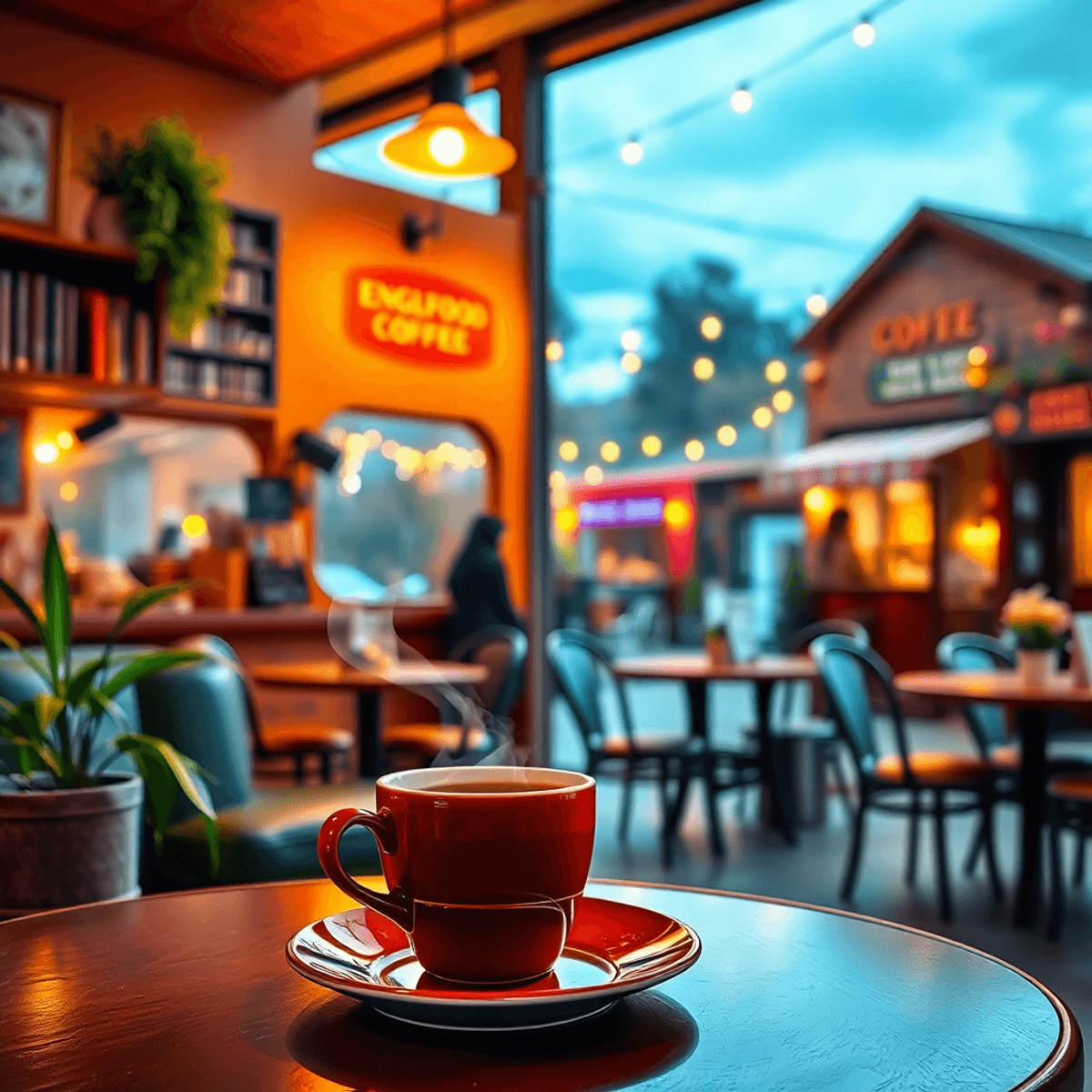 A cozy coffee shop scene with a steaming cup of coffee on a table, soft lighting, and local decor, creating a warm and inviting atmosphere for conn...