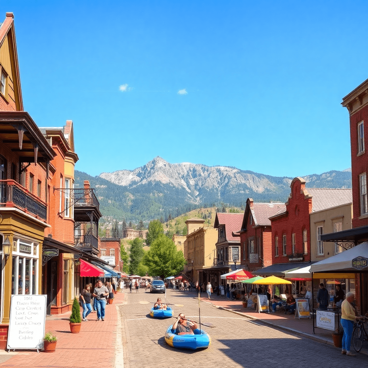 A scenic view of the Rocky Mountains with historic Victorian buildings, cobblestone streets, outdoor enthusiasts kayaking, and vibrant community ev...