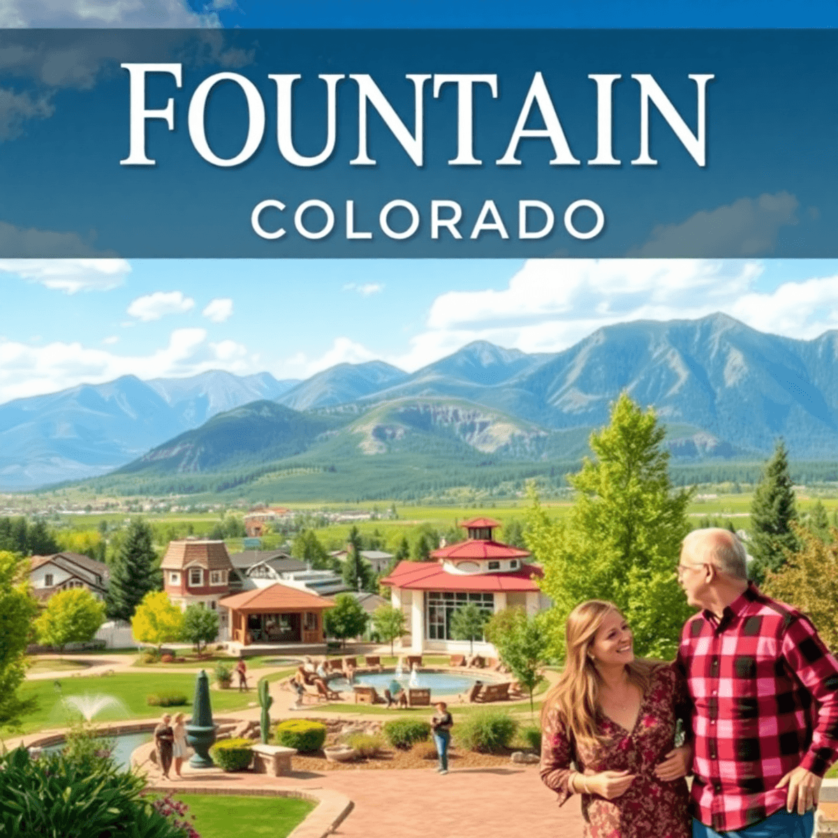 A scenic view of Fountain, Colorado, featuring mountains in the background, a park setting, and couples enjoying outdoor activities together.