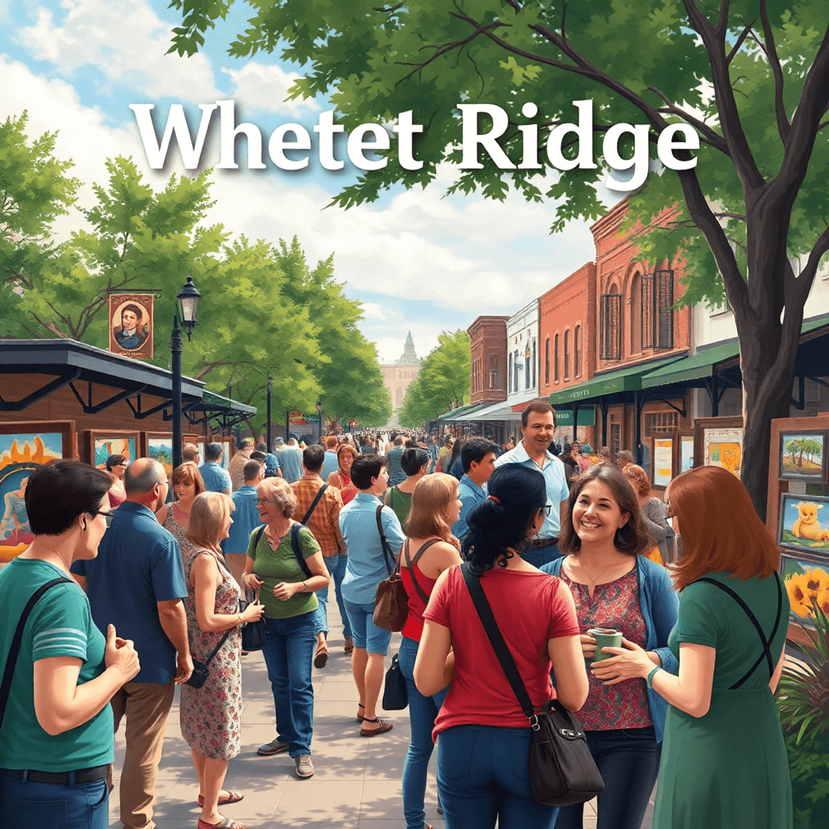 A lively community event in Wheat Ridge, Colorado, with singles chatting and enjoying local art displays amid tree-lined streets and historic build...