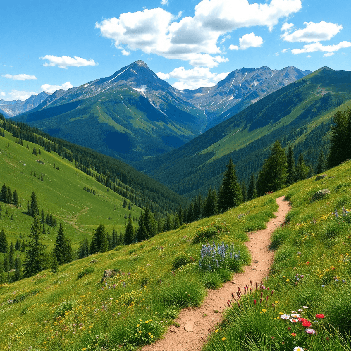 A scenic view of Colorado mountains with lush greenery, a winding hiking trail, colorful wildflowers, and a clear blue sky, embodying outdoor adven...