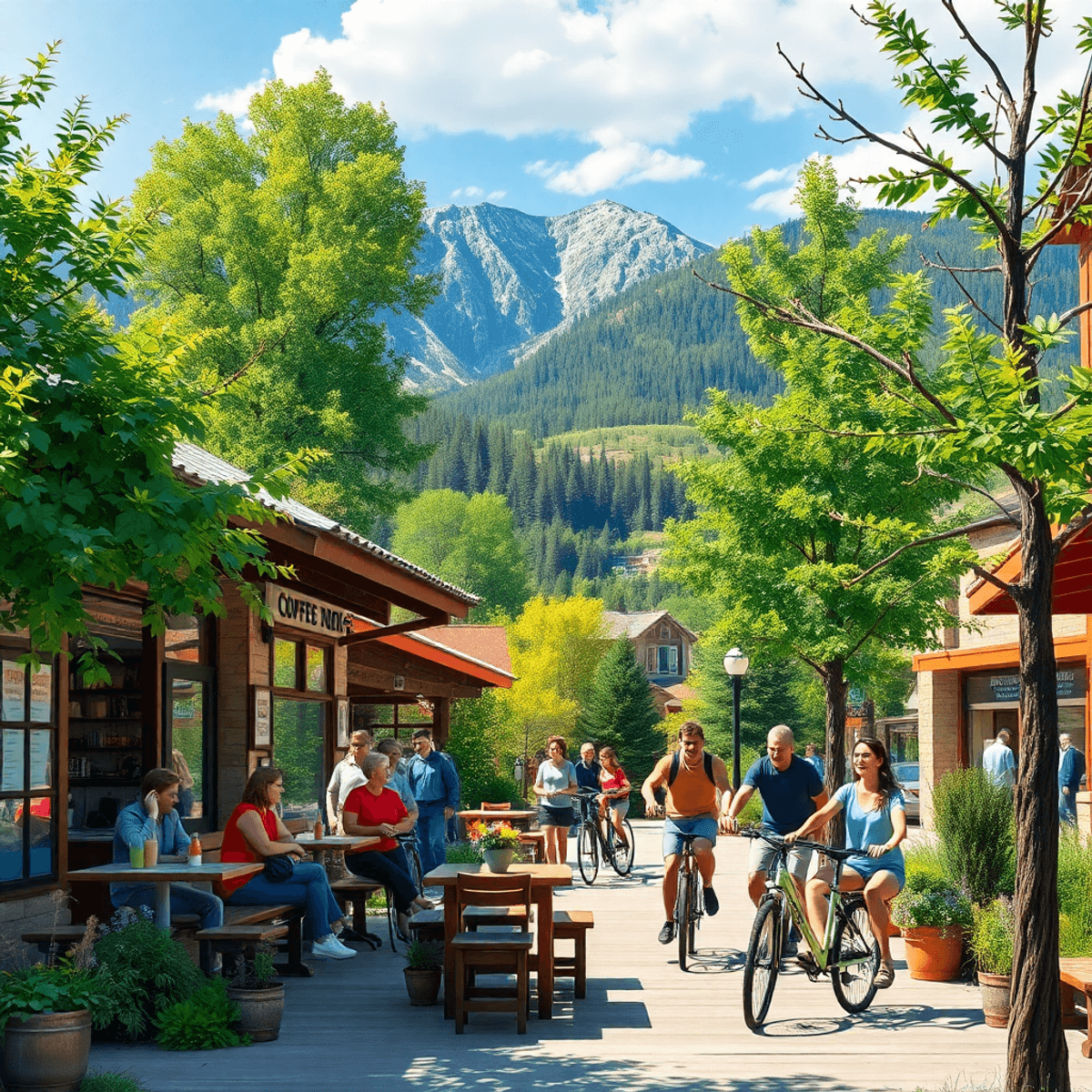 A lively outdoor scene in Fruitvale, Colorado, showcasing a cozy coffee shop with people engaged in hiking and biking amidst lush greenery and scen...