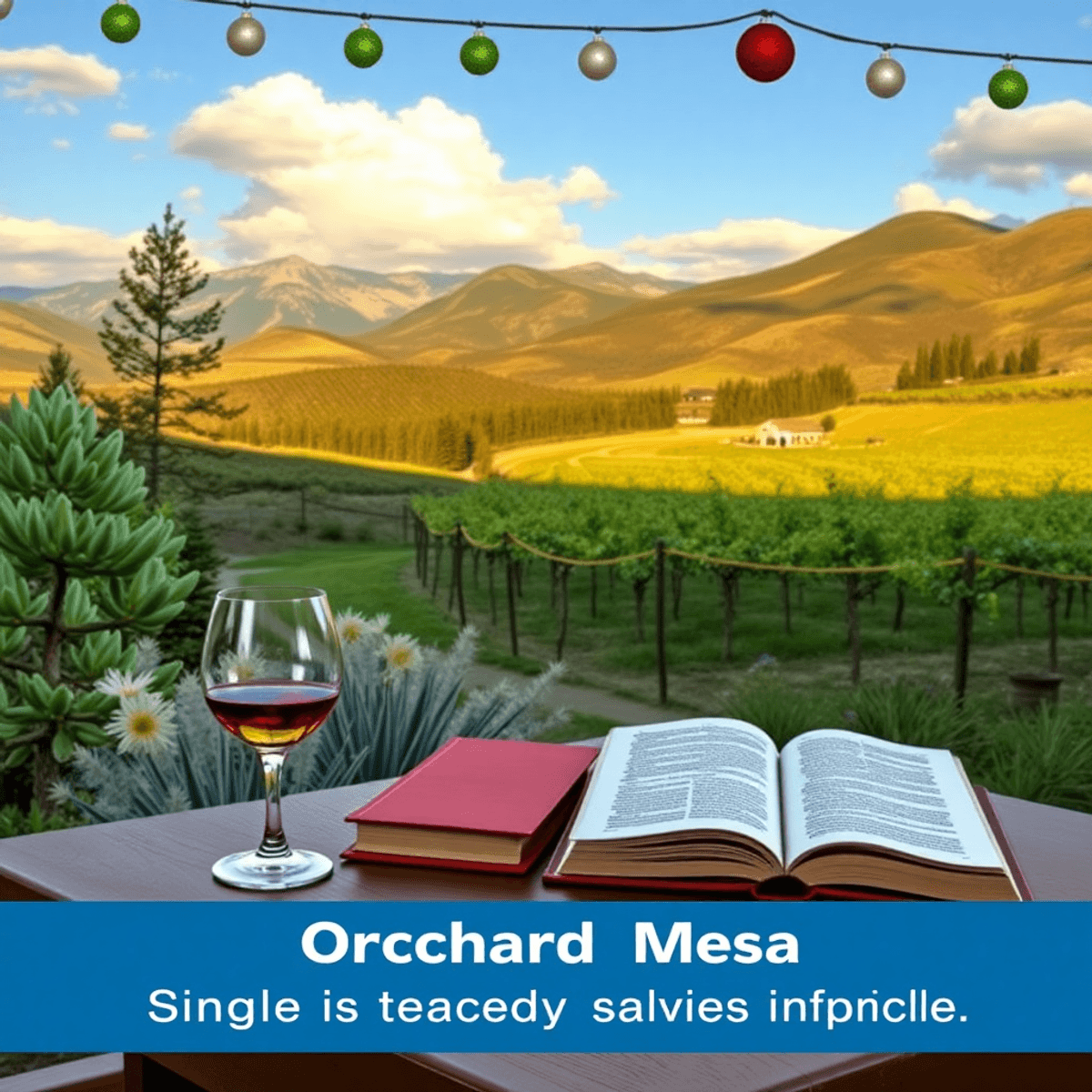 A scenic outdoor view in Orchard Mesa, Colorado, showcasing hiking trails, vineyards, a wine glass, and a book, all set against festive decorations...
