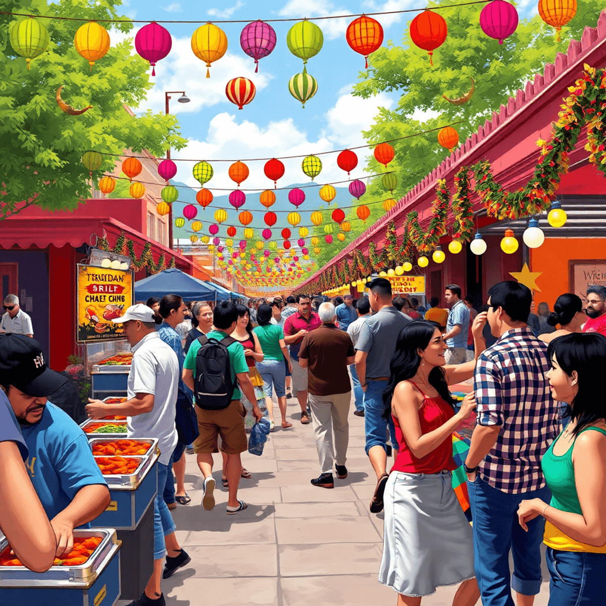 A lively outdoor event in Trinidad, Colorado, featuring colorful decorations, food stalls with chili dishes, and people enjoying live music and dan...
