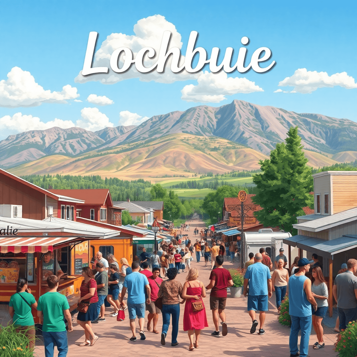 A vibrant summer festival in Lochbuie, Colorado, with people enjoying food trucks and live music, set against a beautiful landscape that highlights...