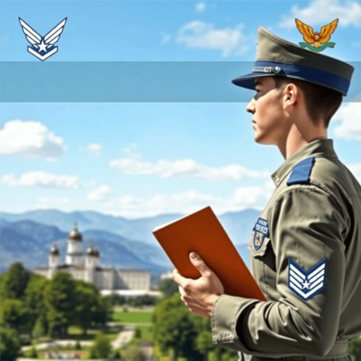 A cadet in uniform holds a book, gazing at the scenic view of the United States Air Force Academy with mountains in the background, embodying disci...