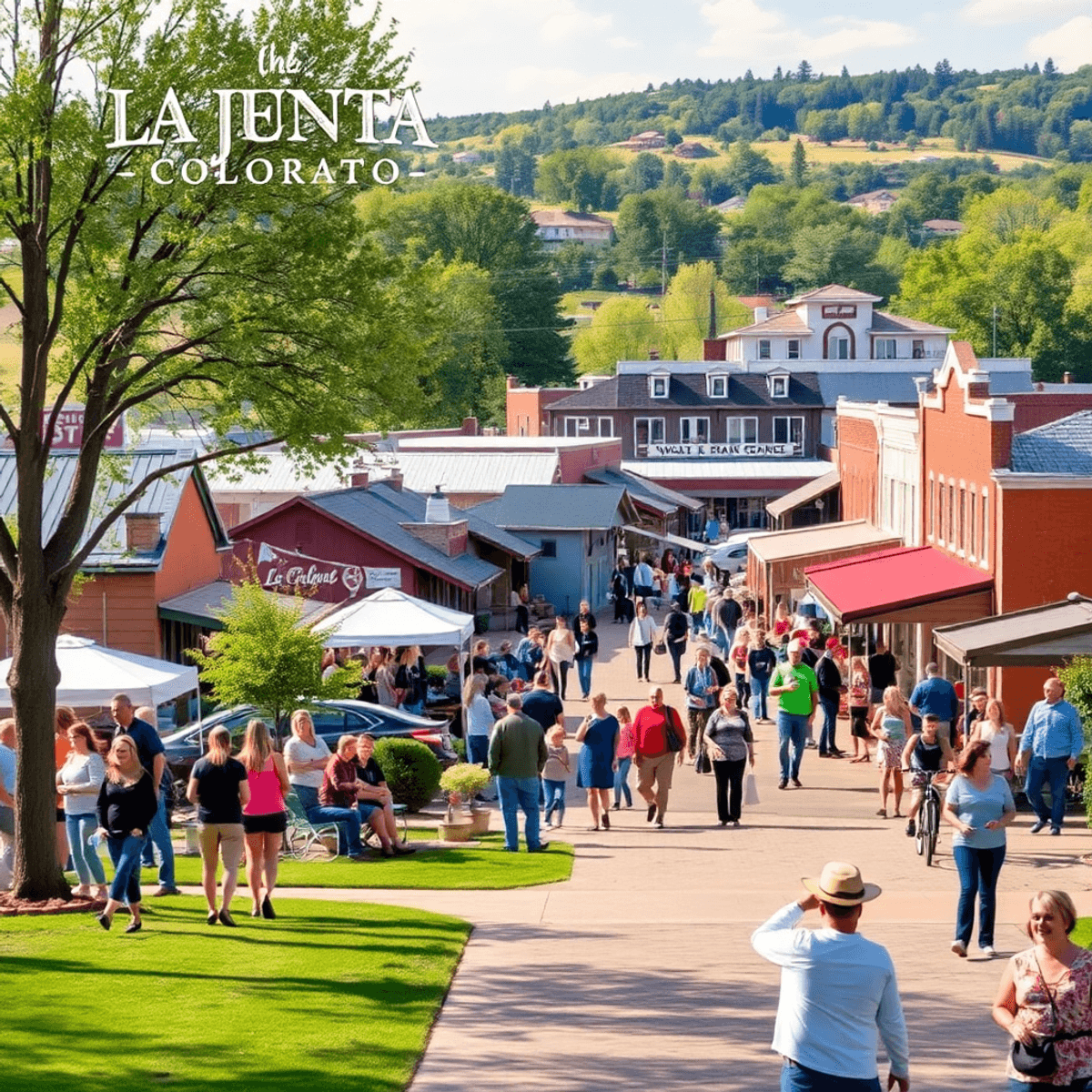 A vibrant small-town park in La Junta, Colorado, filled with people mingling, hiking, biking, and enjoying social gatherings in a welcoming atmosph...