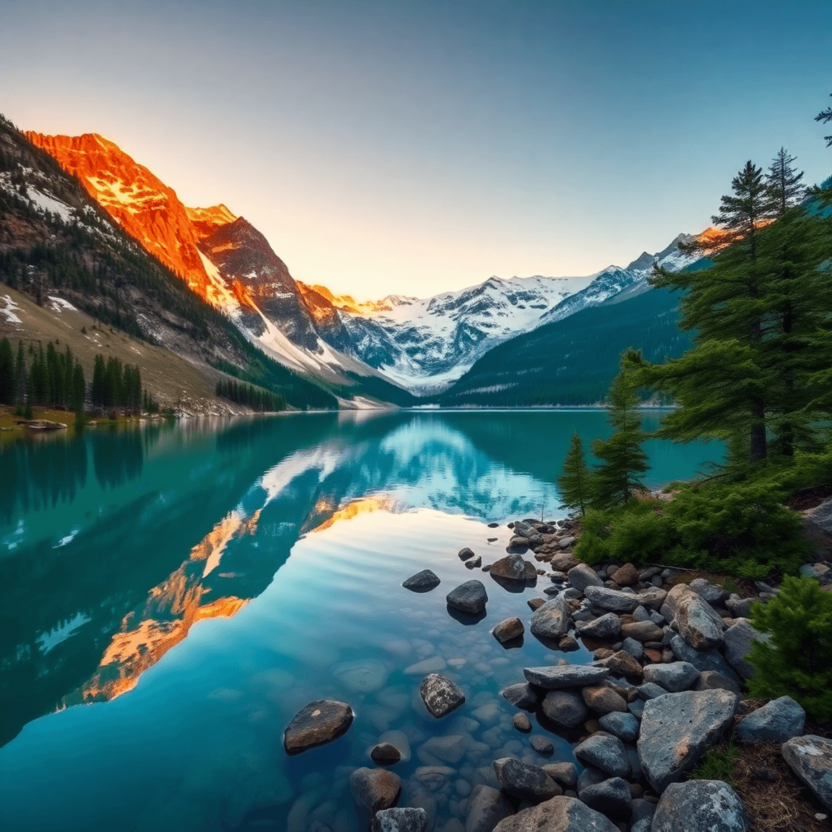 A serene sunset over Twin Lakes with crystal-clear waters reflecting snow-capped peaks, surrounded by lush trees and rocky shores, evoking romance ...