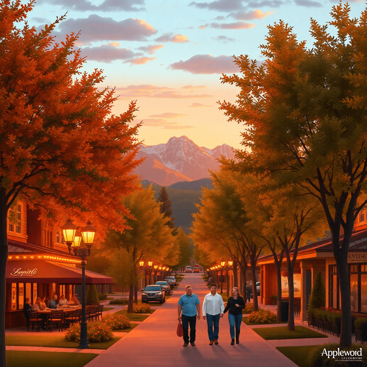 A sunset view of tree-lined streets in Applewood, Colorado, featuring a cozy café and couples walking, with the Rocky Mountains in the background.