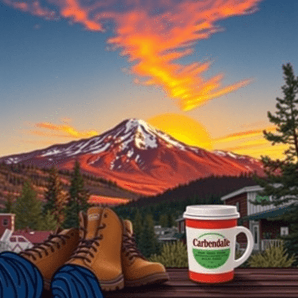 A vibrant sunset over Mt. Sopris with hiking boots and a coffee cup in the foreground, capturing the essence of outdoor adventures and community in...