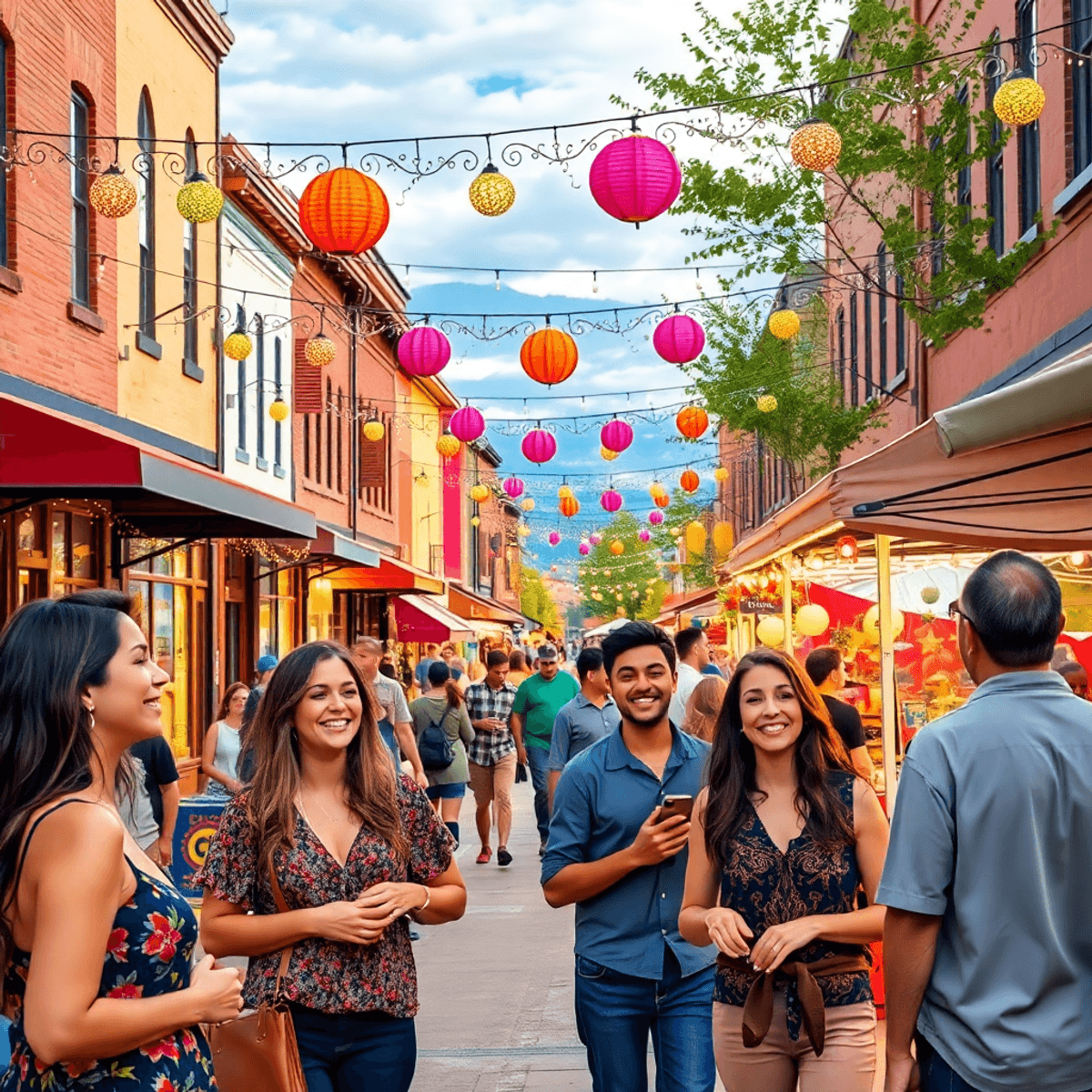 A lively street in Littleton, Colorado, bustling with people enjoying a community event, colorful decorations, festive lights, and local vendors cr...