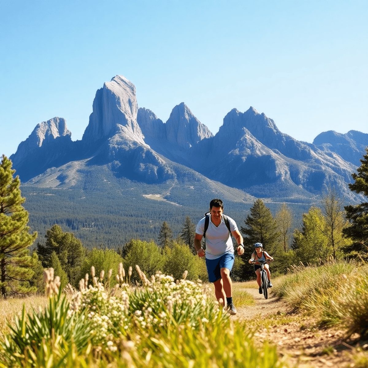 A couple enjoys hiking in front of the Flatirons in Boulder, Colorado, surrounded by lush greenery and a clear blue sky, embodying an active lifest...