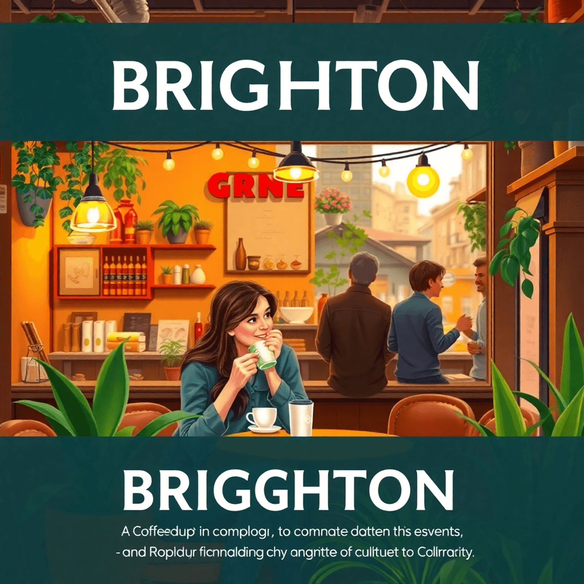 A cozy coffee shop scene in Brighton, Colorado, featuring a couple enjoying coffee amidst colorful decor and plants, with hints of community events...