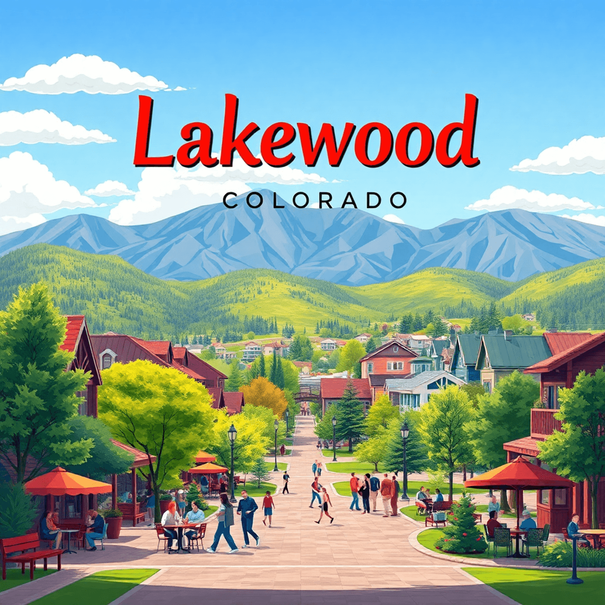A picturesque view of Lakewood, Colorado, featuring lush greenery, mountains in the background, outdoor cafes, and parks bustling with people enjoy...