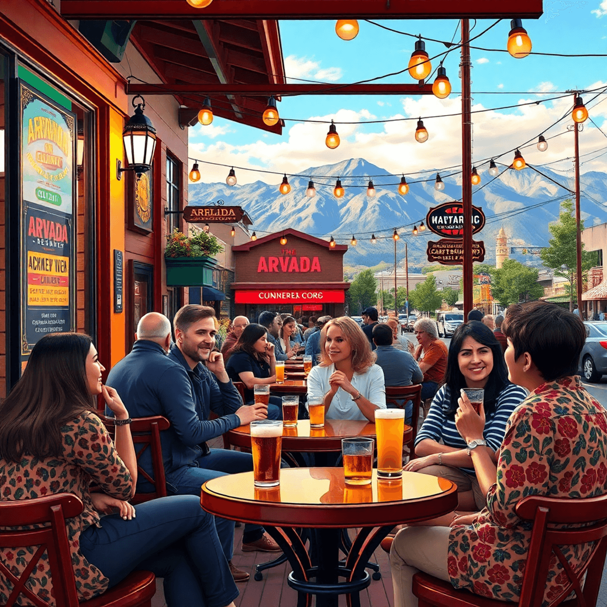 A cozy outdoor café in Arvada, Colorado, bustling with people enjoying drinks, colorful local event posters, and scenic mountain views in the backg...
