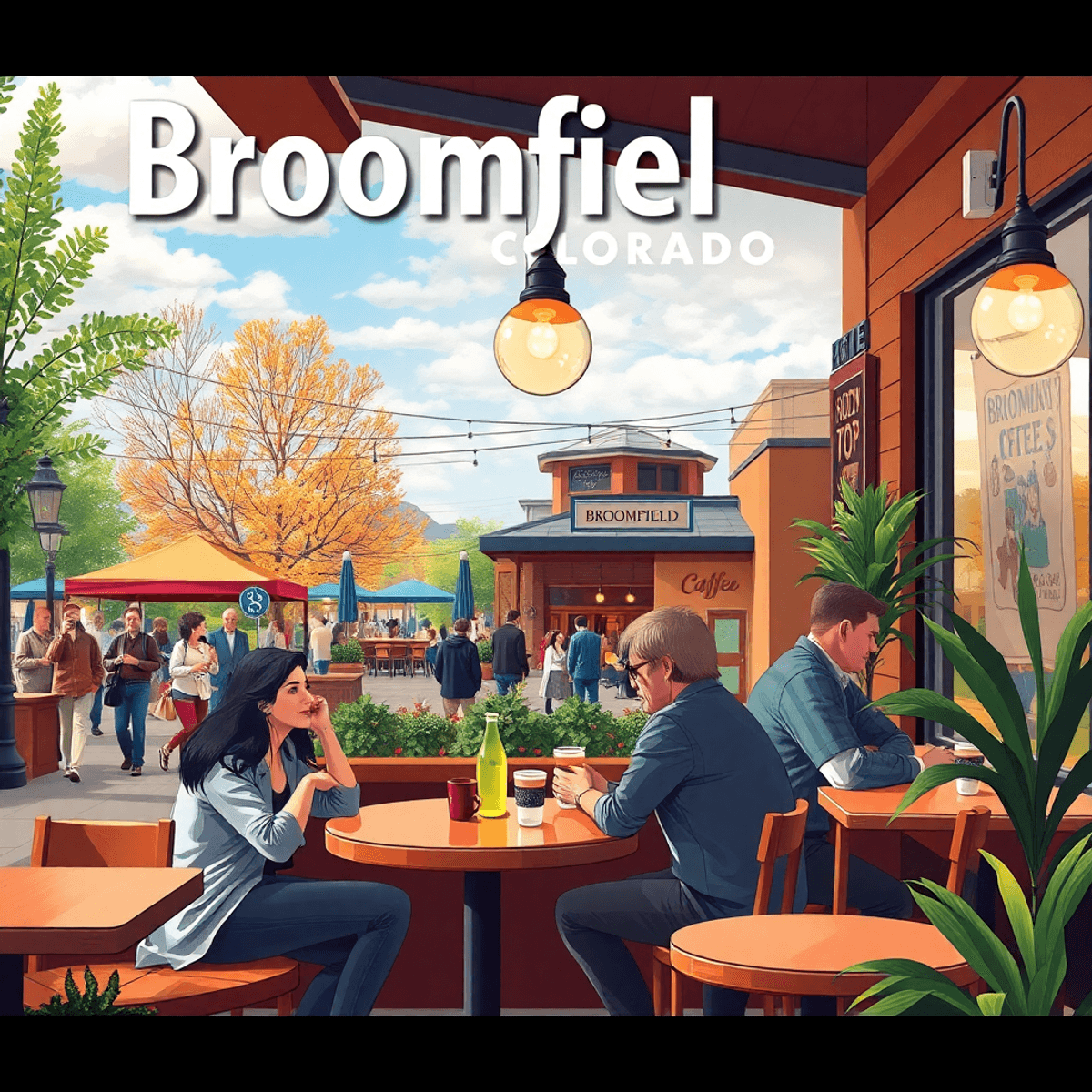 A cozy coffee shop in Broomfield, Colorado, filled with couples enjoying their time together amidst beautiful outdoor spaces and lively community e...