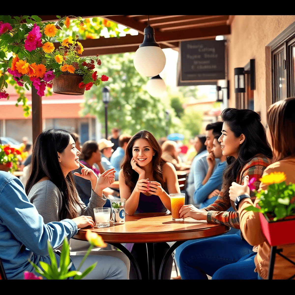 A cozy outdoor café in Greeley, Colorado, filled with young adults enjoying coffee and engaging in lively conversation under a sunny sky adorned wi...