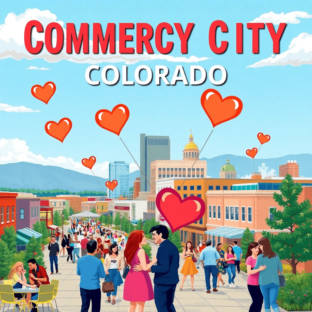A colorful cityscape of Commerce City, Colorado, featuring couples enjoying social events with heart icons, capturing the vibrant charm of urban an...